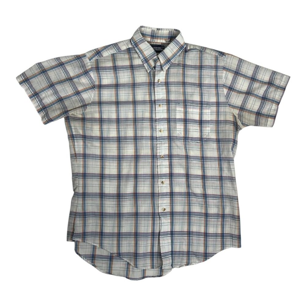 Vintage Mervyns Shirt Mens Large Blue Plaid Short Sleeve Button Down Made USA